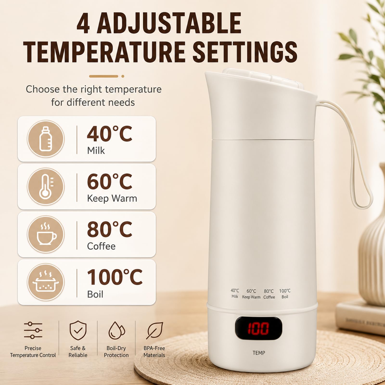 400ML Bollitore Elettrico da Viaggio, 4 Livelli di Regolazione Della Temperatura Mini Bollitore da Viaggio Portatile, Bollitore Elettrico Piccolo in Acciaio Inox 304 con Spegnimento Automatico