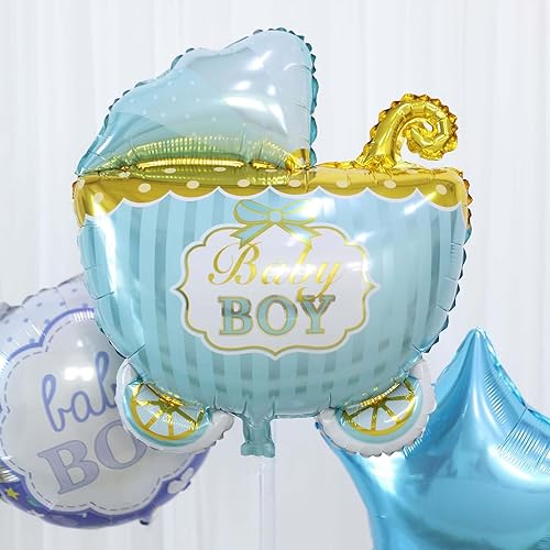 Miniatura 6 de Tableclothsfactory Juego de 5 globos de aluminio Mylar azul/blanco para baby shower, ramo de globos redondos y para cochecito de bebé con cinta,