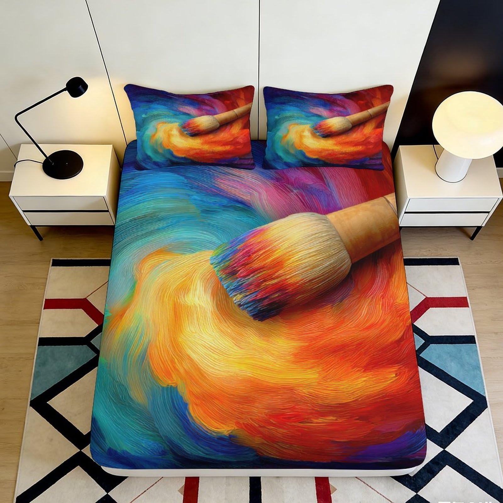3D Printed Colorful Paint Brush Fitted Sheet Microfiber Soft Artistic Swirl Bed Cover for Bedroom Dorm Mattress Decor 90x200x25cm