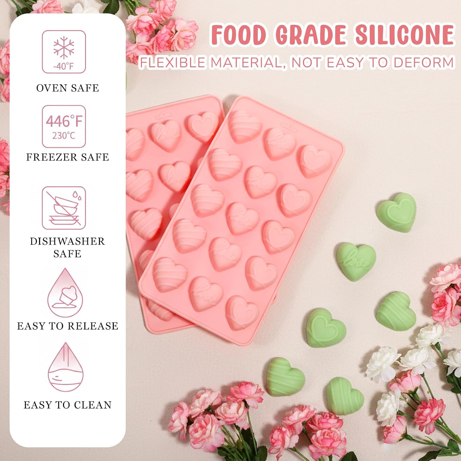 Heart Silicone Molds, 2 PCS Heart Chocolate Mold 15 Cavities Silicone Molds for Soap Silicone-Molds for Chocolate Moulds Shape for Love, Wax Melts, Gummy, Hard Candy, Soap, Ice Cube, Jelly