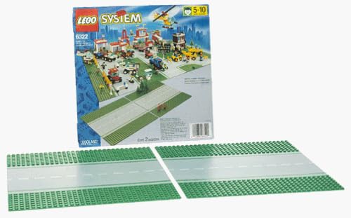 Image of LEGO 6322 City Town Straight Road Plates showing two gray road sections with green grass borders.