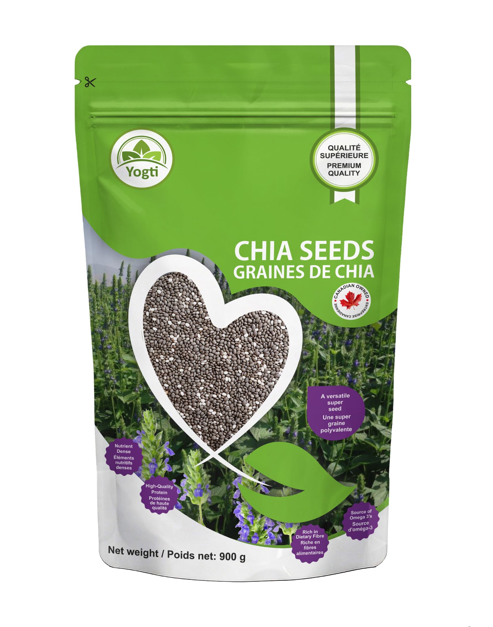 Yogti [Canadian Brand] Raw Black Chia Seeds - 900g  Raw Plant Based SuperFood  Natural  Keto Friendly  Kosher  Halal  Vegan  Source of Omega-3  Nutrient Dense  High Fiber  Rich in Magnesium  A Versatile Superseed for Smoothies  Baking  Salads  and Chia Pudding  Resealable bag - Frech Pack - 900g