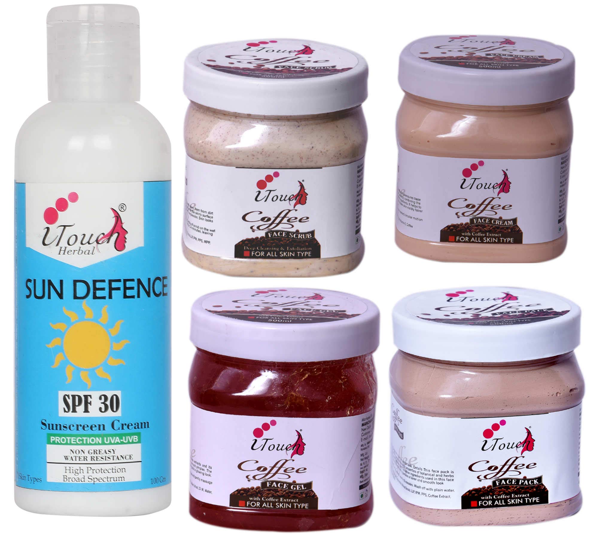 I TOUCH HERBALCOFFEE SCRUB , CREAM , PACK , GEL 500 ML X 4 + SUNSCREEN LOTION SUN DEFENCE S.P.F 30 -100 ML (PACK OF 5)
