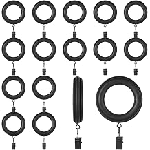 Booson 16 Pack Curtain Rod Rings Wooden with Drapery Clips Black | Beech Wood Carved Drapes Rings 2.95 Inch Outer Diameter 1.7 Inch Interior Diameter for 1-1.5 Inch Curtain Rod Pole