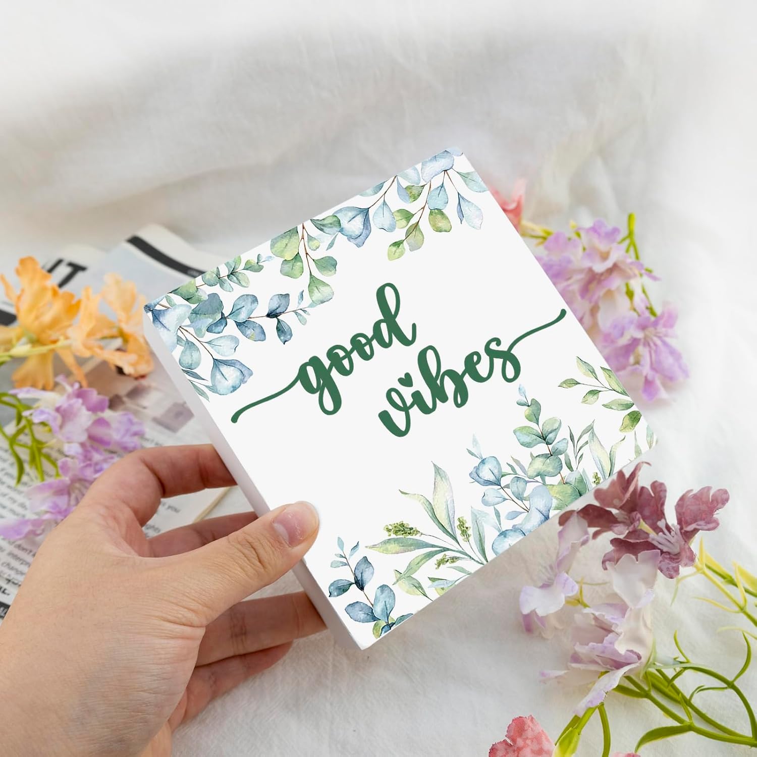 Good Vibes Wooden Sign Sage Green Decor Botanical Eucalyptus Leaves Home Decorations for Shelves Motivational Desk Decor Office Small Book Shelf Decorations for Work - Image 6