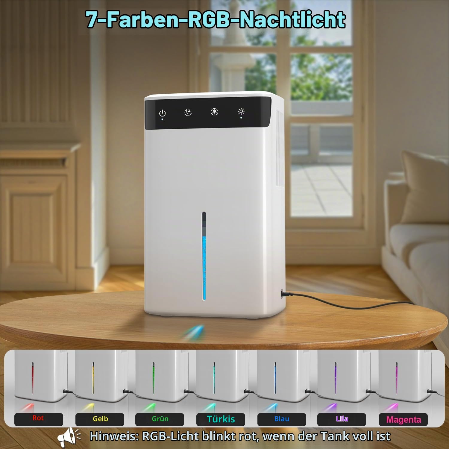 Luftentfeuchter Elektrisch 2,6L, Leiser Raumentfeuchter für Keller, Bad & Schlafzimmer bis 32m², mit RGB Licht, Auto Abschaltung & Schlafmodus, Energiesparender Entfeuchter