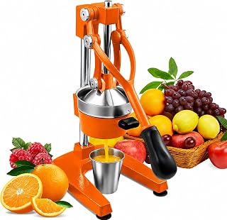 Cast Iron Citrus Juicer Hand Press, Heavy Duty Manual Fruit Press & Juice Extractor, Commercial Grade Juicer for Orange, Lemon, Lime & Pomegranate, Durable Orange Color