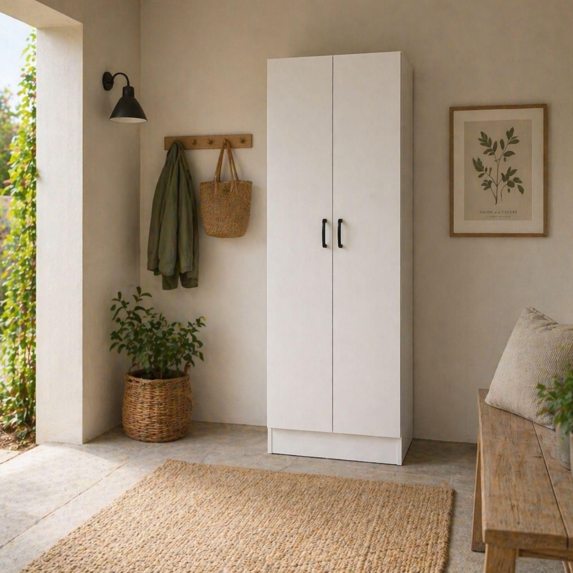 Armadio da Arredo in Legno MDF 60X42X180h CM - 2 Ante, 1 Ripiano, Asta Appendiabiti, per Camera da Letto, Mobile Versatile, Guardaroba, Salvaspazio, Maniglie - Texture Venata (Bianco)