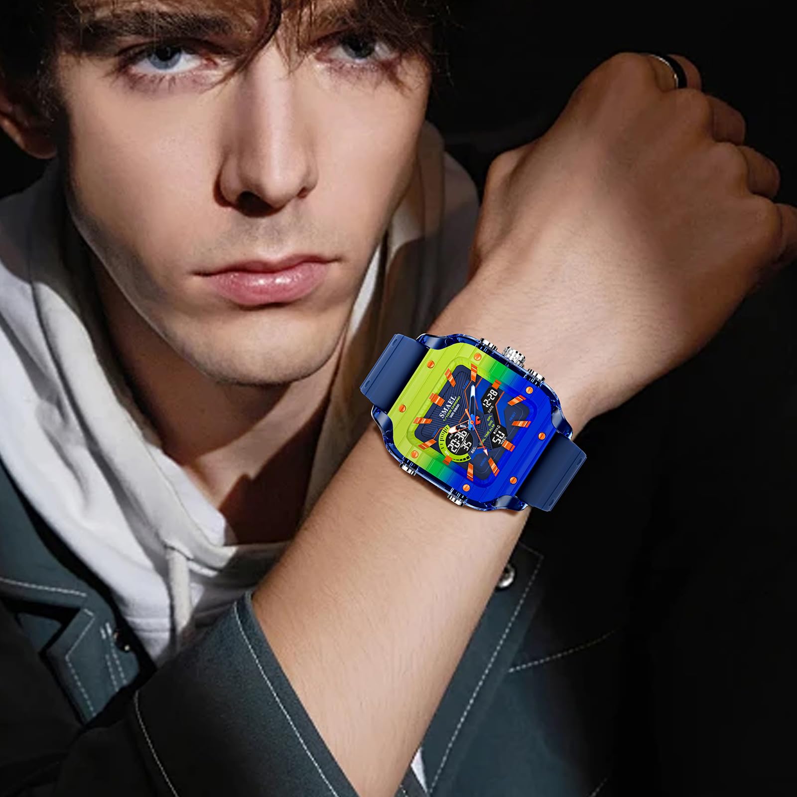 MASTOP Reloj deportivo analógico digital cuadrado para hombre, alarma