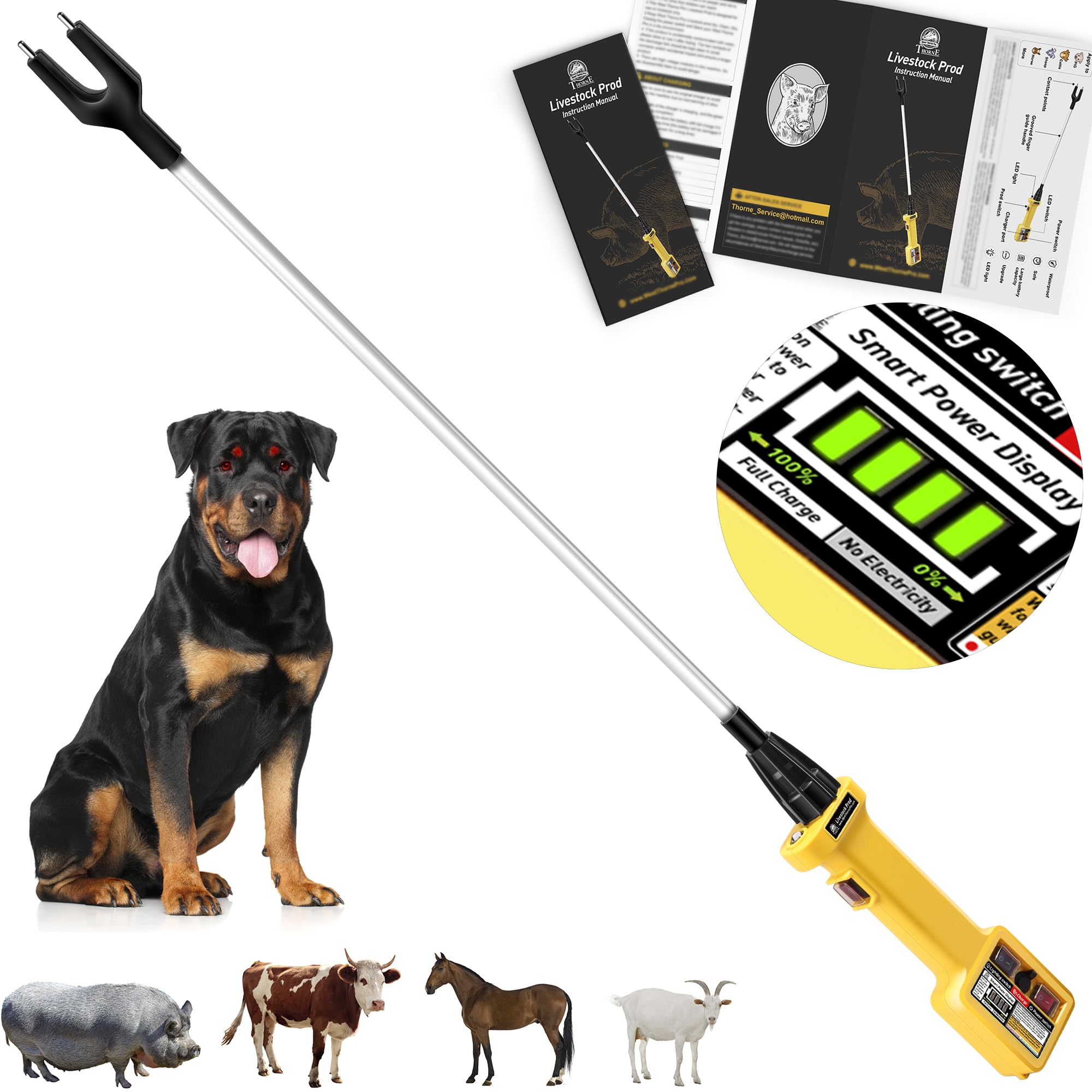 West Thorne Pro Cattle Prod for Dogs, Power Display Cattle Prod Livestock, LED Light, Instruction Manual, Double Safety Switch, for Pig, Cattle, Sheep, Dog and More, 41.3In