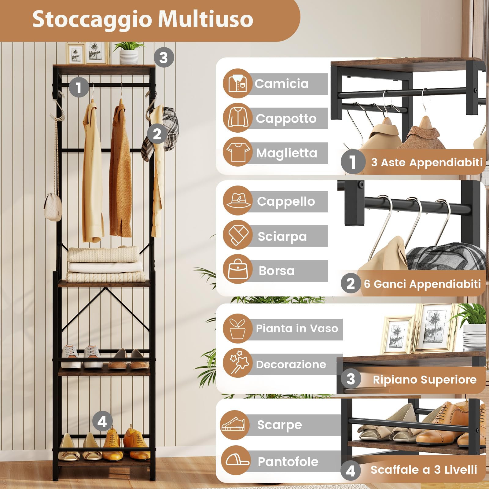 COSTWAY Attaccapanni Autoportante Sottile con 6 Ganci | Organizzatore in Metallo Robusto con 4 Ripiani e 3 Barre Appendiabiti per Ingresso, Corridoio, Camera da Letto