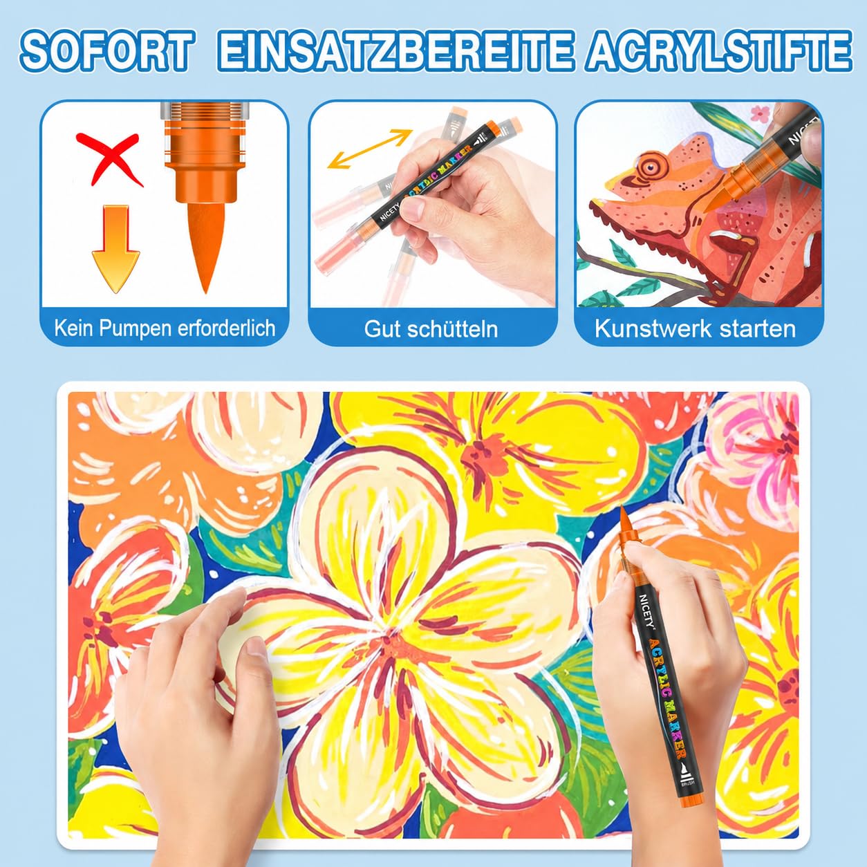 NICETY 264 Acrylstifte für Steine Wasserfest - Pinselspitze Acrylmarker für Steine, Holz, Stoff, Leinwand, Glas, Keramik, 1-6mm Multimarker Acrylfarben Marker Set