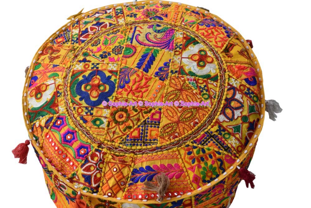 Sophia-Art Indian Embroidered Patchwork Cover Indian Decorative Pouf Indian Comfortable Floor Cotton Cushion Ottoman Pouf,Indian Designs Ethnic Patchwork Pouf (Yellow Rajkoti, 14"x22") 2