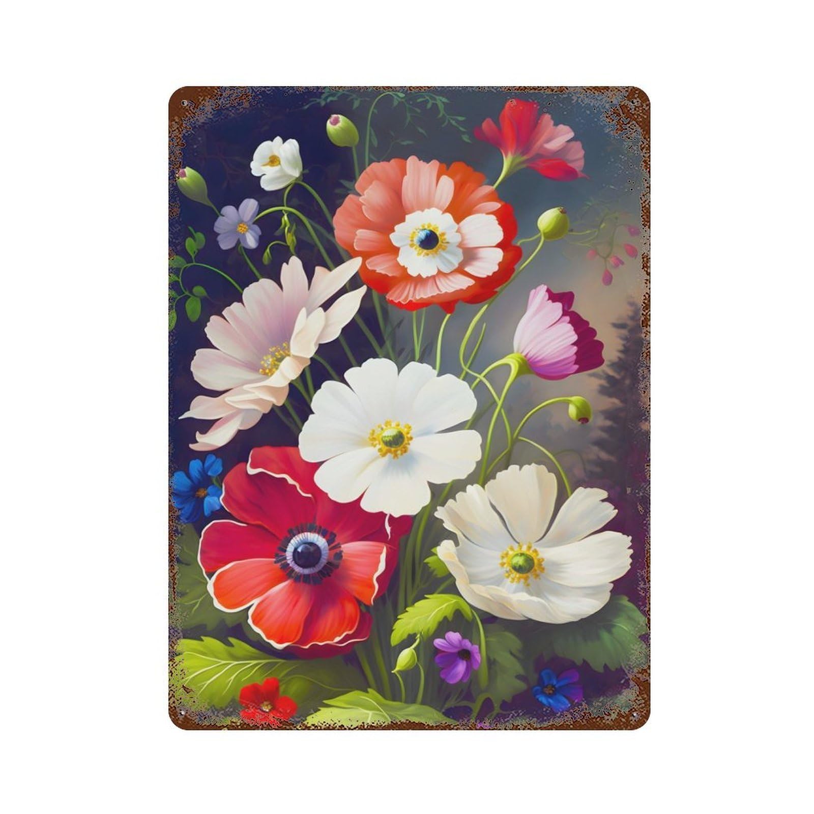 Distressed Metal Wall Sign Anemone Flowers 15.7"x11.8", Vintage Wall Decor for Garage, Bar And Workshop Decor