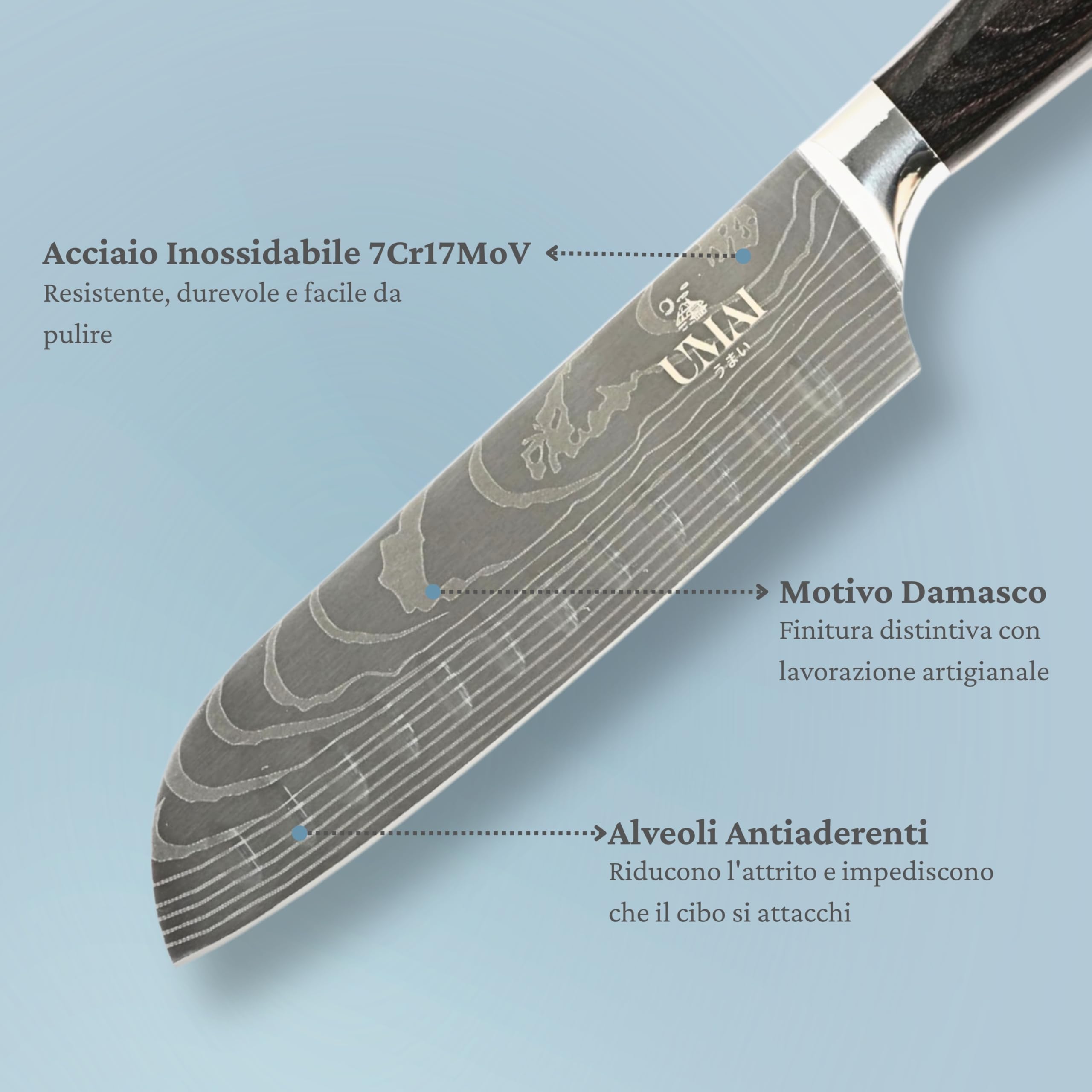 UMAI Coltello Santoku 18 cm (7") – Coltello da cucina giapponese in acciaio inossidabile 7Cr17MoV con motivo Damasco – Manico ergonomico in legno Pakka, lama alveolata – Custodia protettiva inclusa