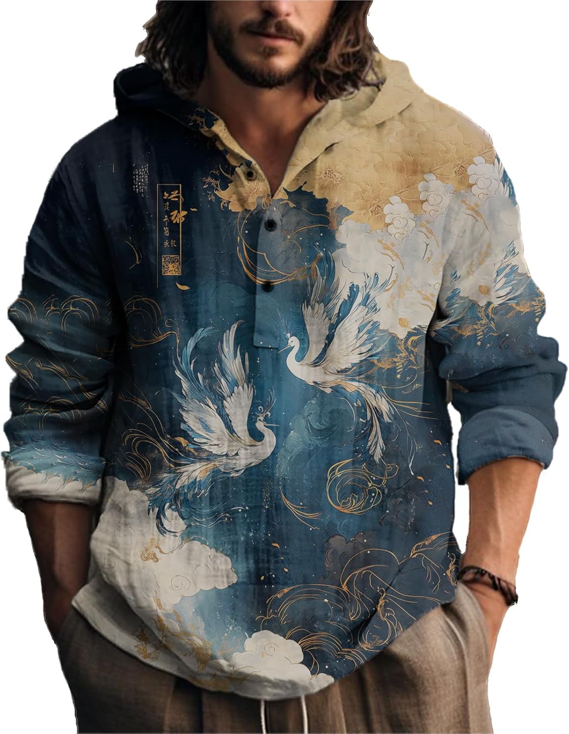 MARSVOVO Mens Japanese Art Long Sleeve Hooded Shirts Lightweight Quarter Button Hoodie Casual Cool Tops for Spring Fall