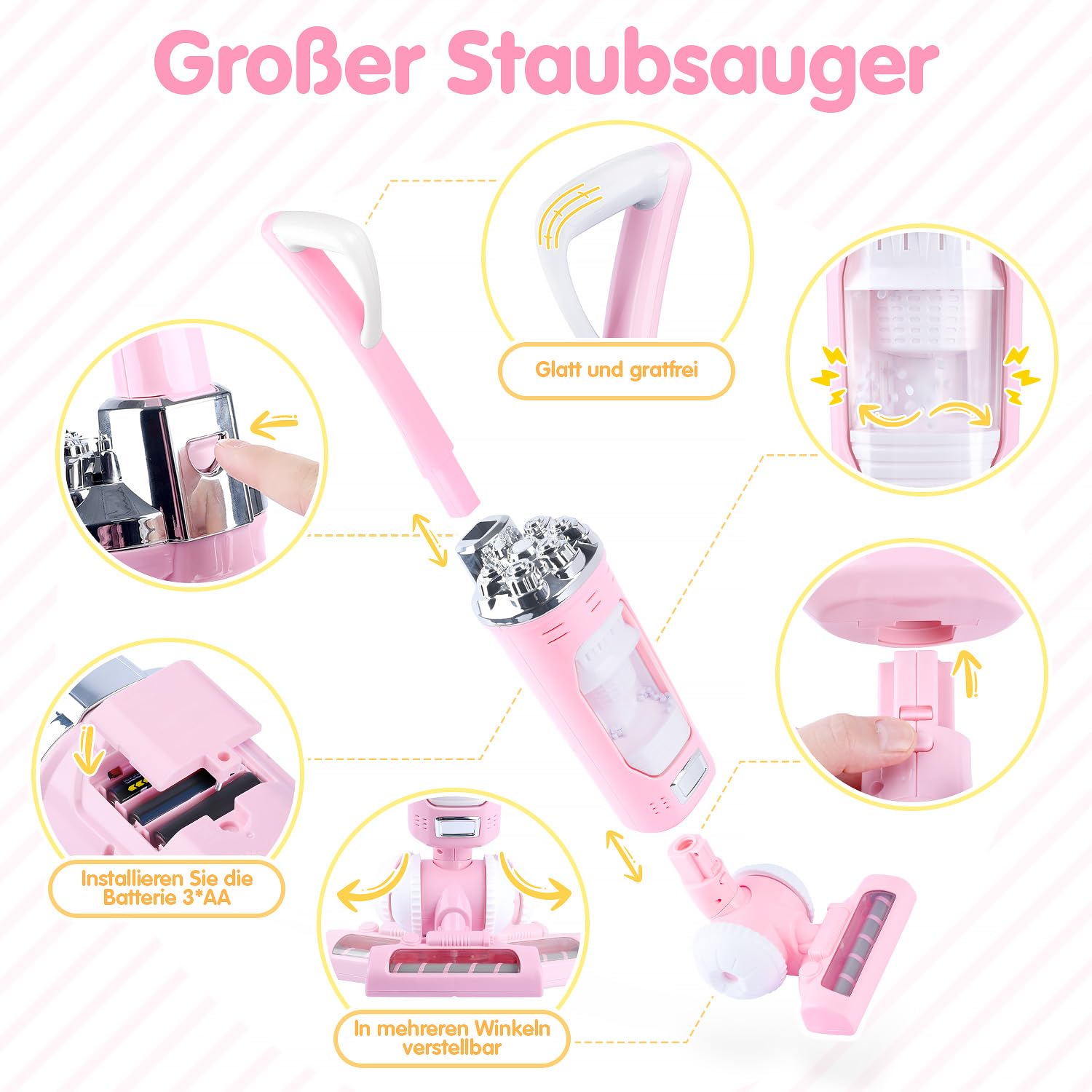 PLAY 2 in 1 Kinder Staubsauger Set, Elektrischer Staubsauger Spielzeug mit Eva-Granulat, Saugen und Soundfunktion, Staubsauger Putzset für Kinder, Jungen und Mädchen ab 3 Jahren (Rosa)
