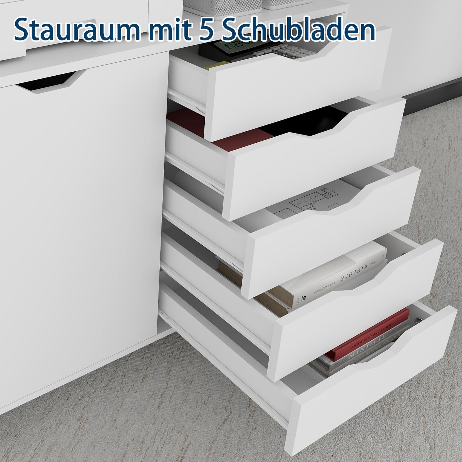 PUNCIA Rollcontainer aus Holz Aktenschrank mit Rollen Druckerständer | Büroschrank mit 5 Schubladen & Tür verstellbar für Akten Dokumente Bürowagen für Büro Office Zuhause Arbeitszimmer Weiß
