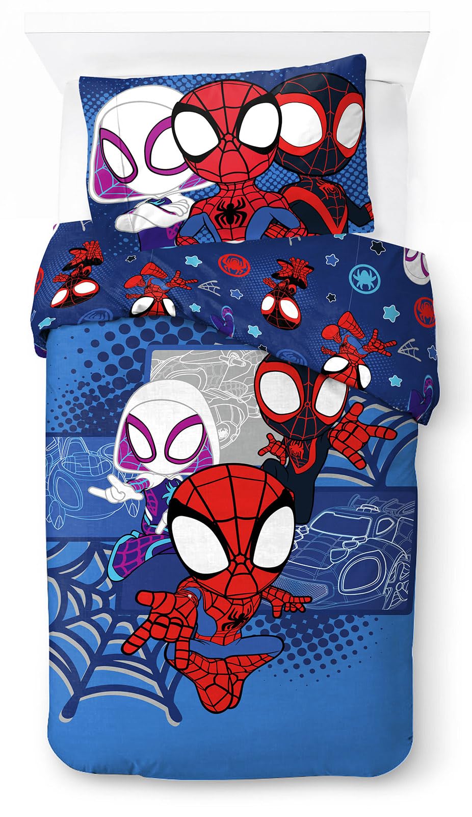 Juego de Cama de Spiderman Marvel Spidey y Sus Amigos con Funda de edredón para Cama Individual de algodón Afelpado - Incluye una Funda de Almohada de 50 x 70 cm