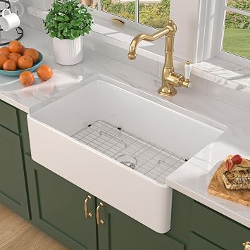 Farmhouse Sink 33 Inch White Farmhouse Sink Apron Front Single Bowl Kitchen Sink Fireclay Farm House Sink Country Style Barn Kitchen Sink Farmers Sink #TLAC-0057