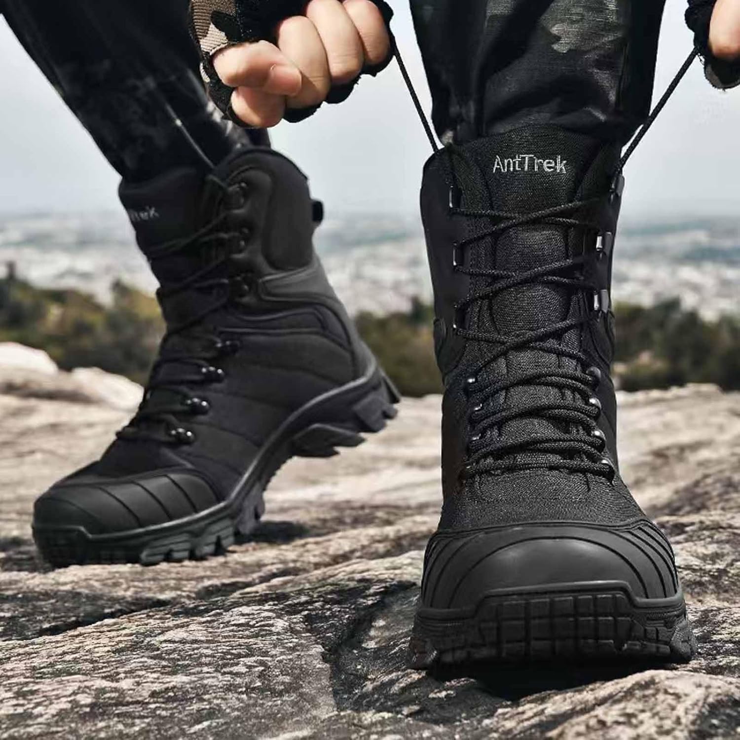 Men's Waterproof Lace Up Military Tactical Work Boots High Top OXford Cloth Non Slip Rubber Sole Backpacking Hiking Combat Boots Outdoor Comfortable All Day Motorcycle Boots
