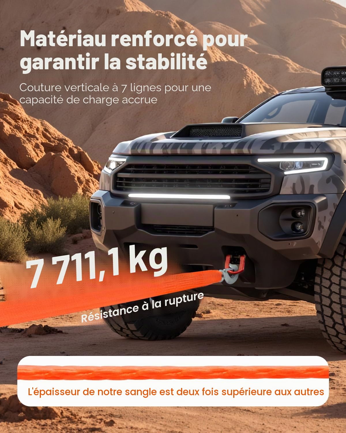 VEVOR Sangle de Remorquage Récupération Cinétique Robuste, 50,8 mm x 6,1 m, Résistance à la Rupture 7711 kg, avec Crochets, Remorquages et Récupérations pour Camion, Véhicules Tout-Terrain, SUV, VTT