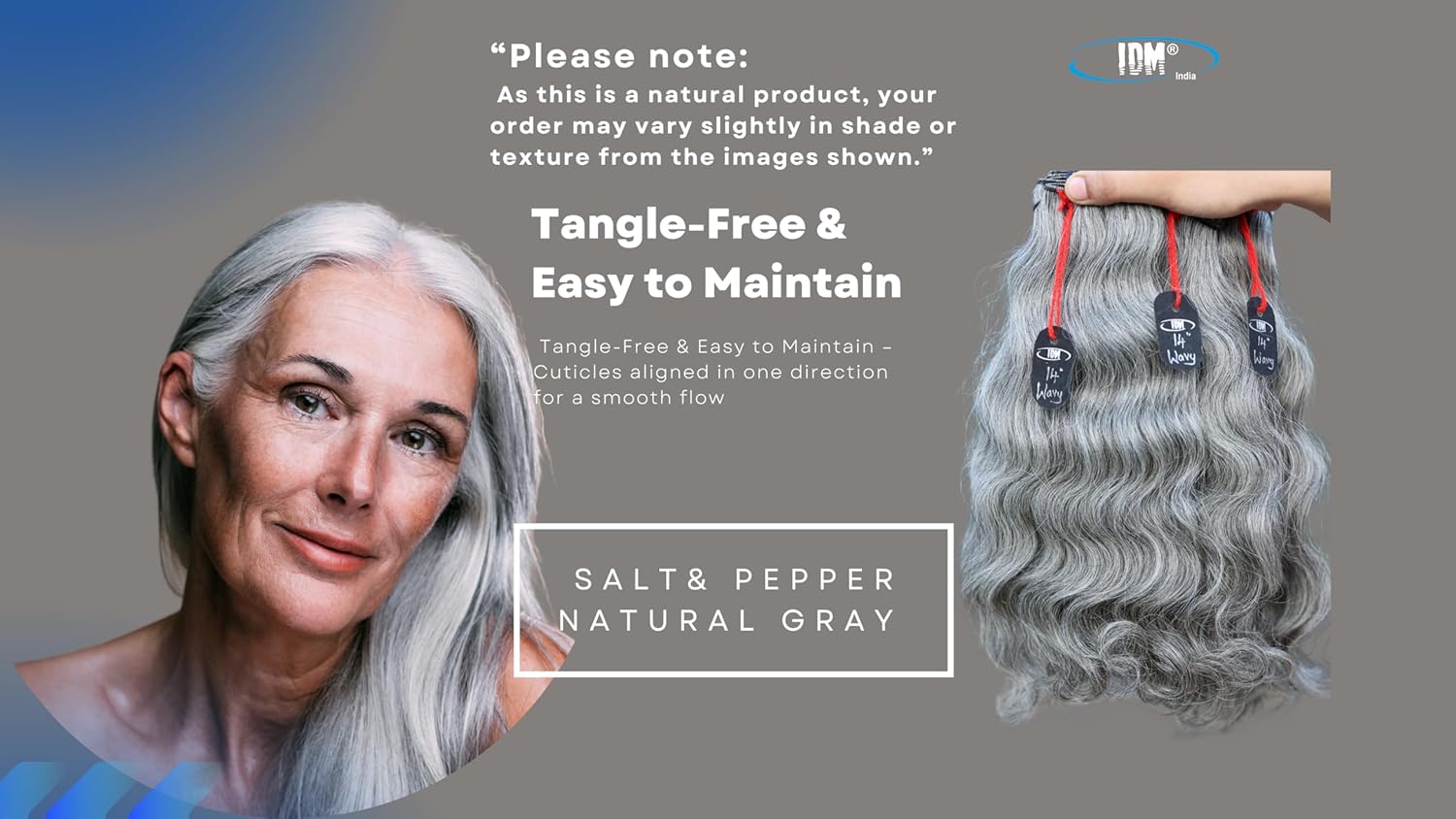 14” Wavy Salt & Pepper/Natural Gray 3 bundles. Its 100% Natural Indian Virgin Raw Hair Extensions .Natural color unprocessed and not treated with any kind of chemicals