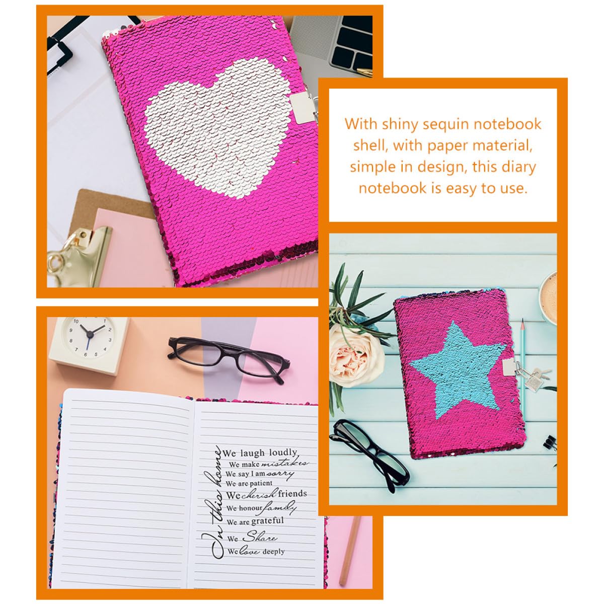MOLUCKFU Sequin Notebook with Lock 2pcs Set, Heart and Star Pattern Flip Notebook, Lockable Planner Journal for Students and Adults, Academic Diary for Study and Personal Use