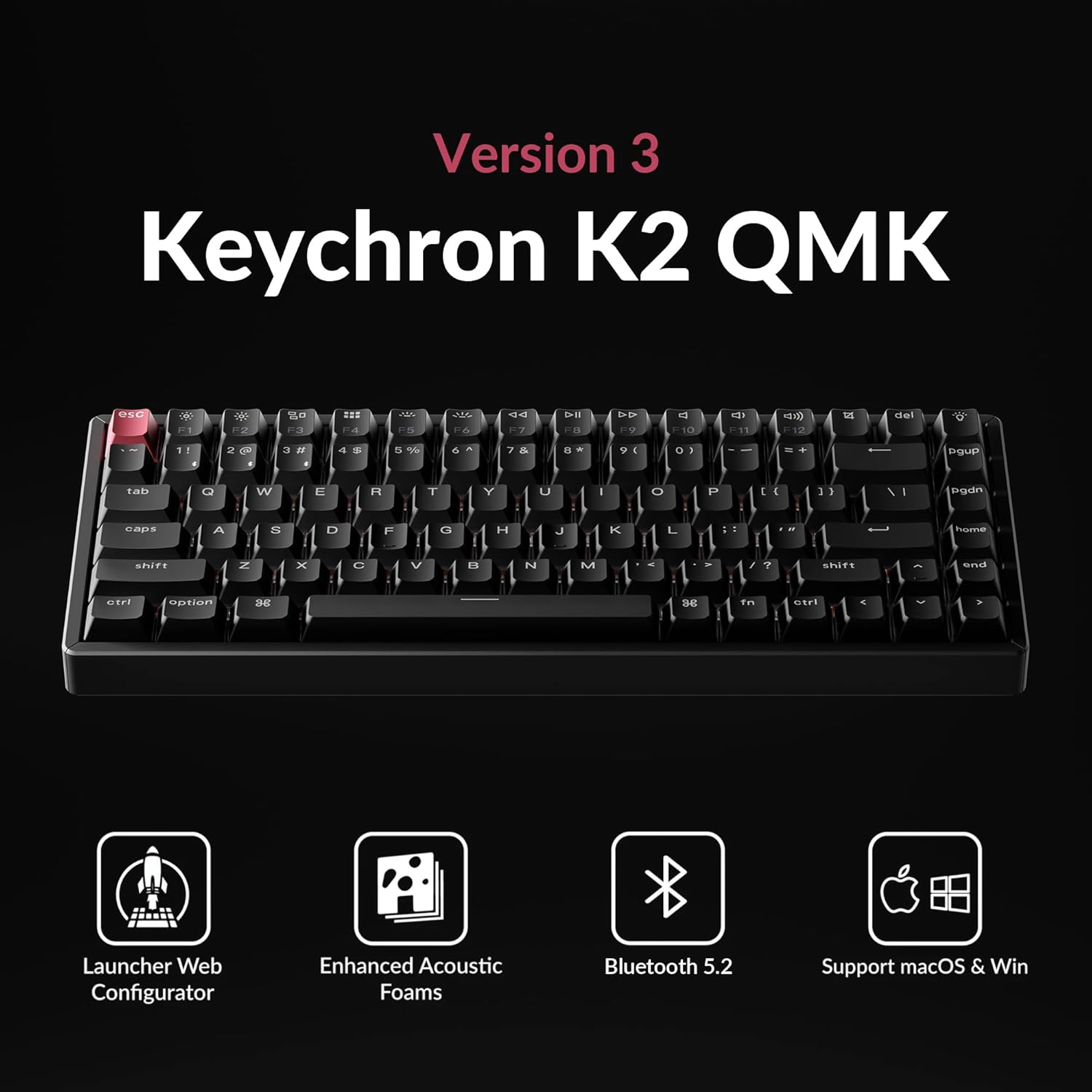 Keychron K2 75% Layout QMK Wireless and Wired Options Mechanical Keyboard Super Banana Switch, White Backlight Aluminum Frame with Shine-Through Double-Shot PBT Keycaps for Mac Windows-Version 3