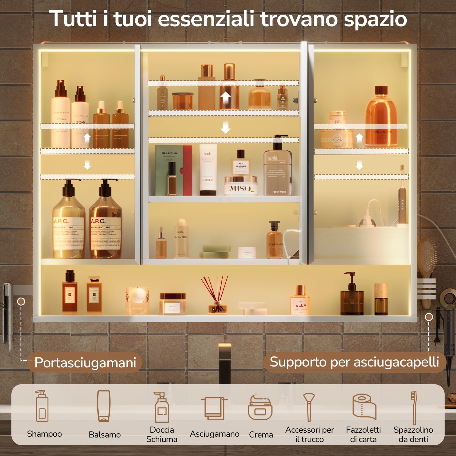 Specchio Bagno Contenitore 100Lx78Hx18P cm – Luce LED Incassata su 3 Lati, Design a 360° per Visione Totale, Touch 3 Luci, Prese, Porta Asciugacapelli e Asciugamani