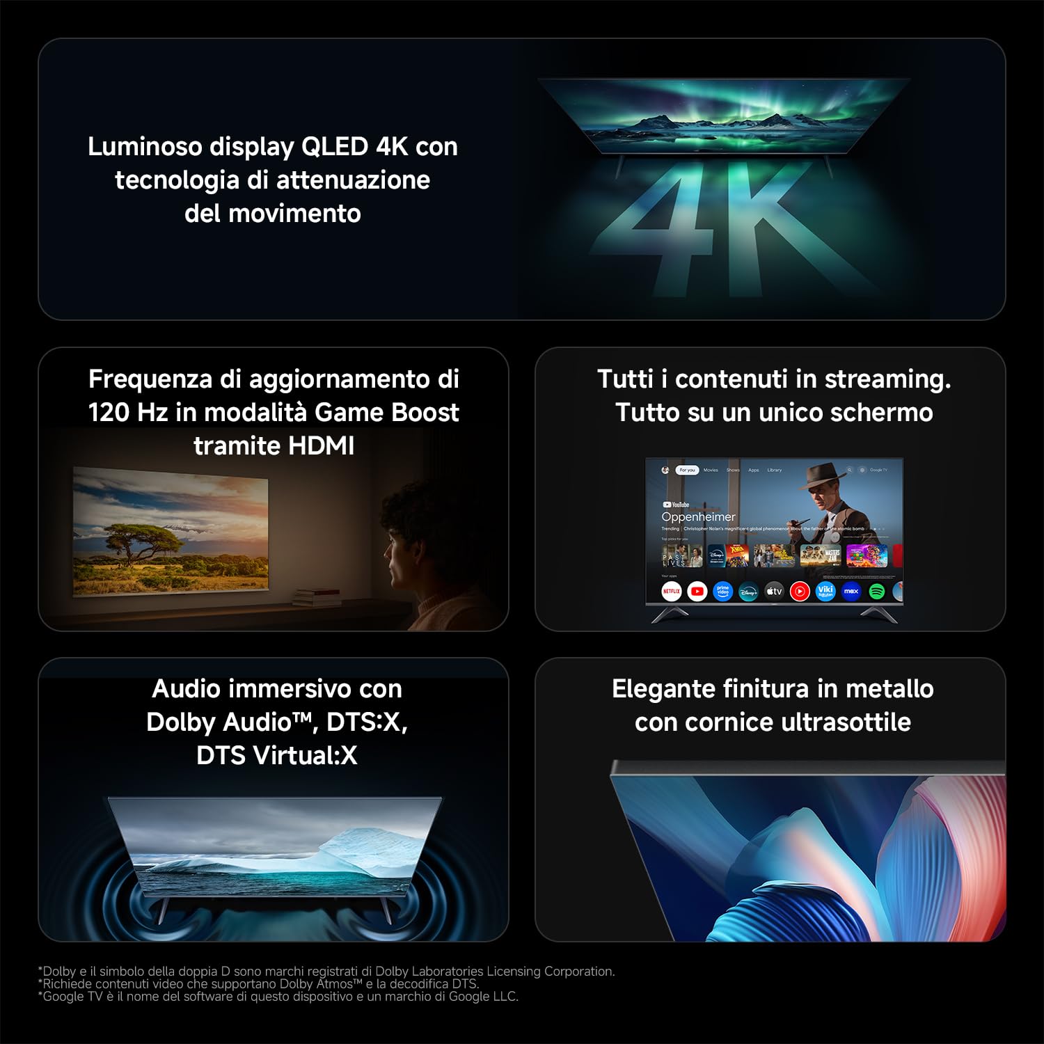 XIAOMI TV A Pro 50, 50 pollici (127 cm), 4K UHD QLED, Smart TV, Google TV, DVB-C/S/S2/T/T2, HDR10, Modalità Game Boost 120Hz, MEMC, Controllo Vocale, 2GB+8GB, Apple Airplay & Google Cast