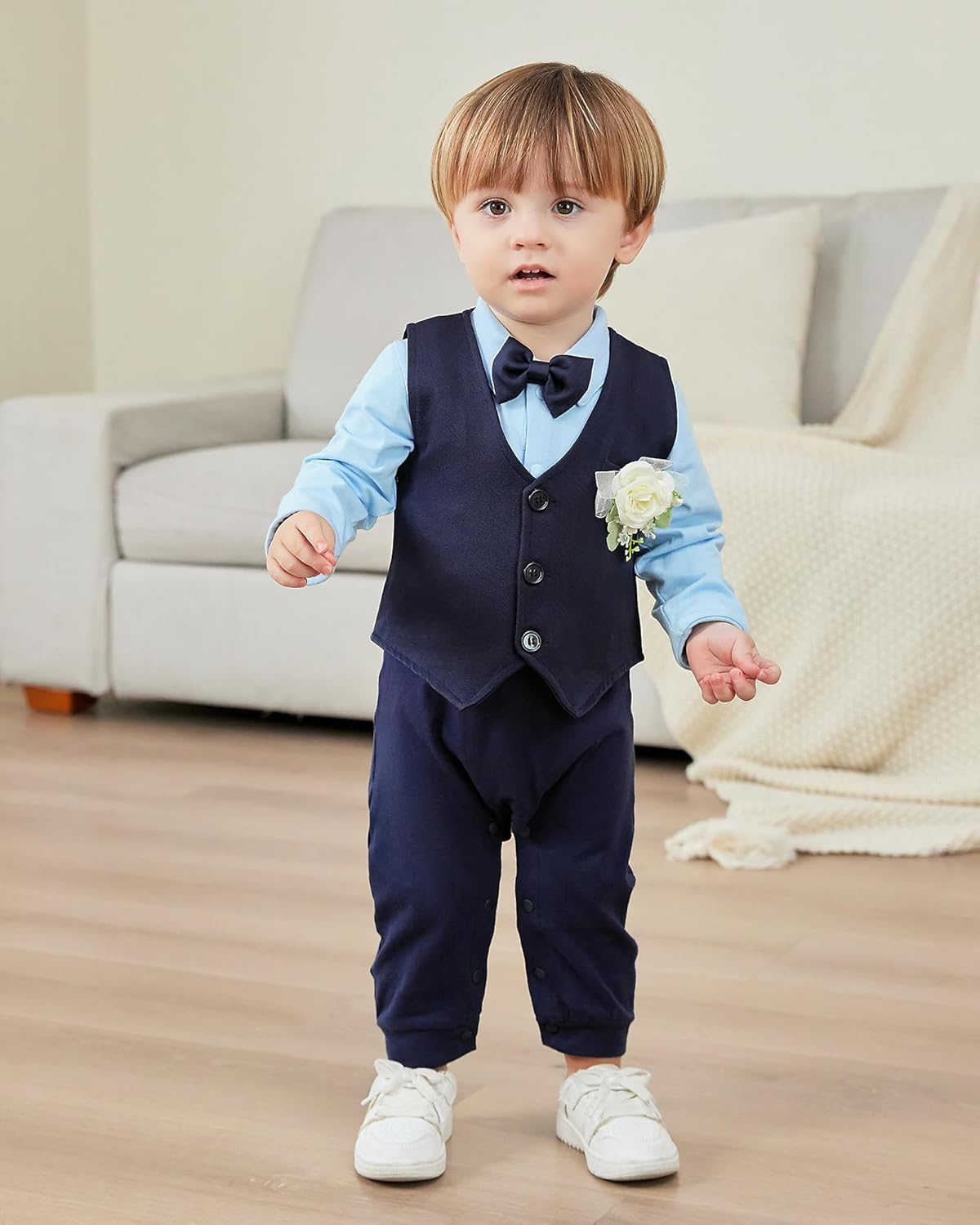 Baby Boy Suit Gentleman Clothes Wedding Outfits Formal Jumpsuit Long Sleeve Romper+Vest 0-24M - Image 2