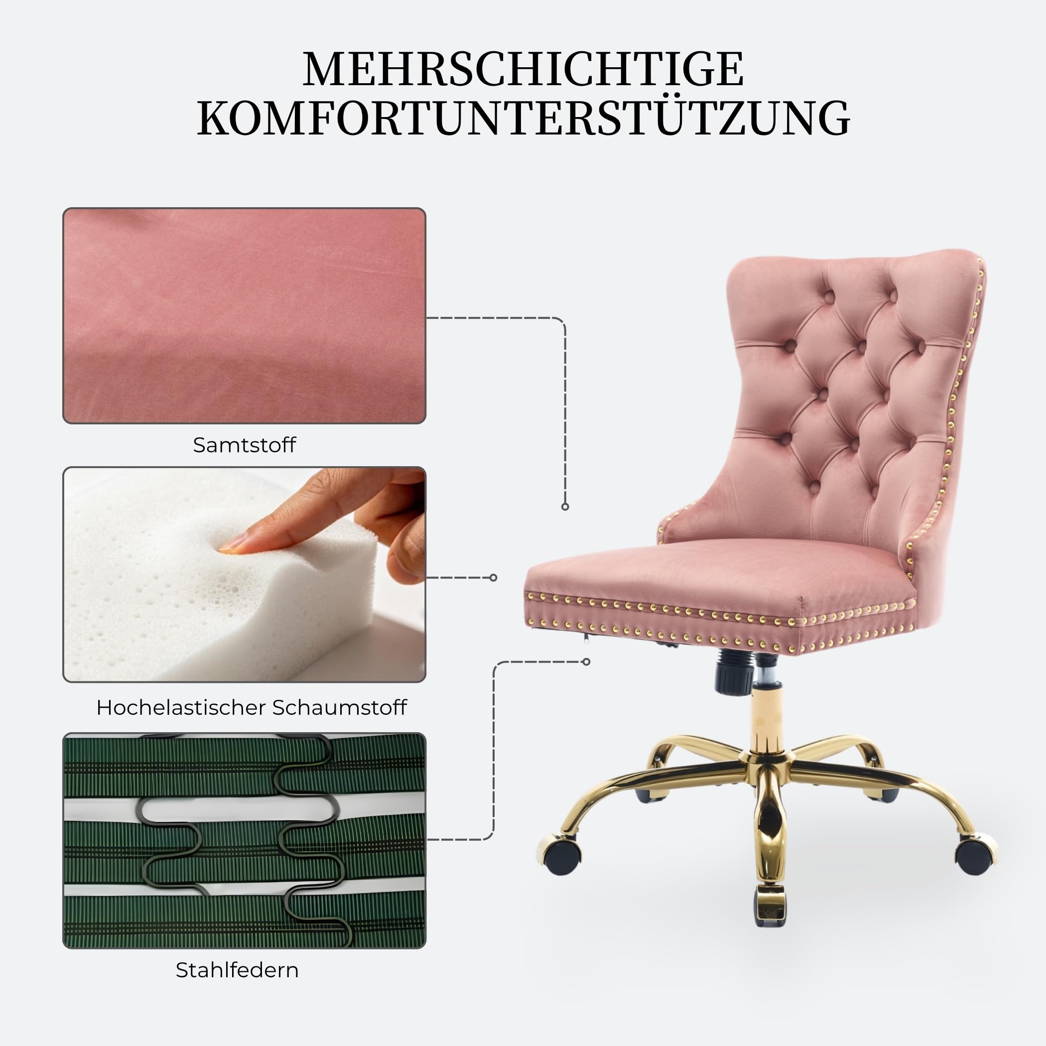 Vintage Britischer Samt-Bürostuhl mit gesteppter Rückenlehne & Nagelkopfverzierung, höhenverstellbar, Schwenk- und rollbar, belastbar bis 150 kg - Bequemer Schminkstuhl für Homeoffice