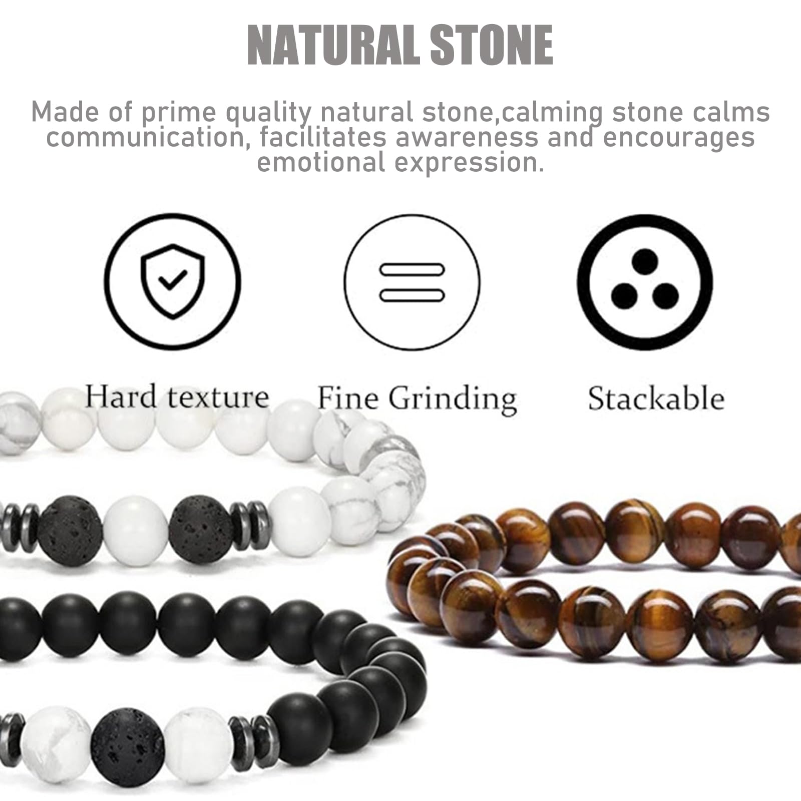 Bracciale 5 Pezzi in Pietre Naturali - Occhio di Tigre 8MM, Pietra Lavica, Ossidiana Nera - Braccialetto Gioielli per Uomo Donna Regalo Personalizzato