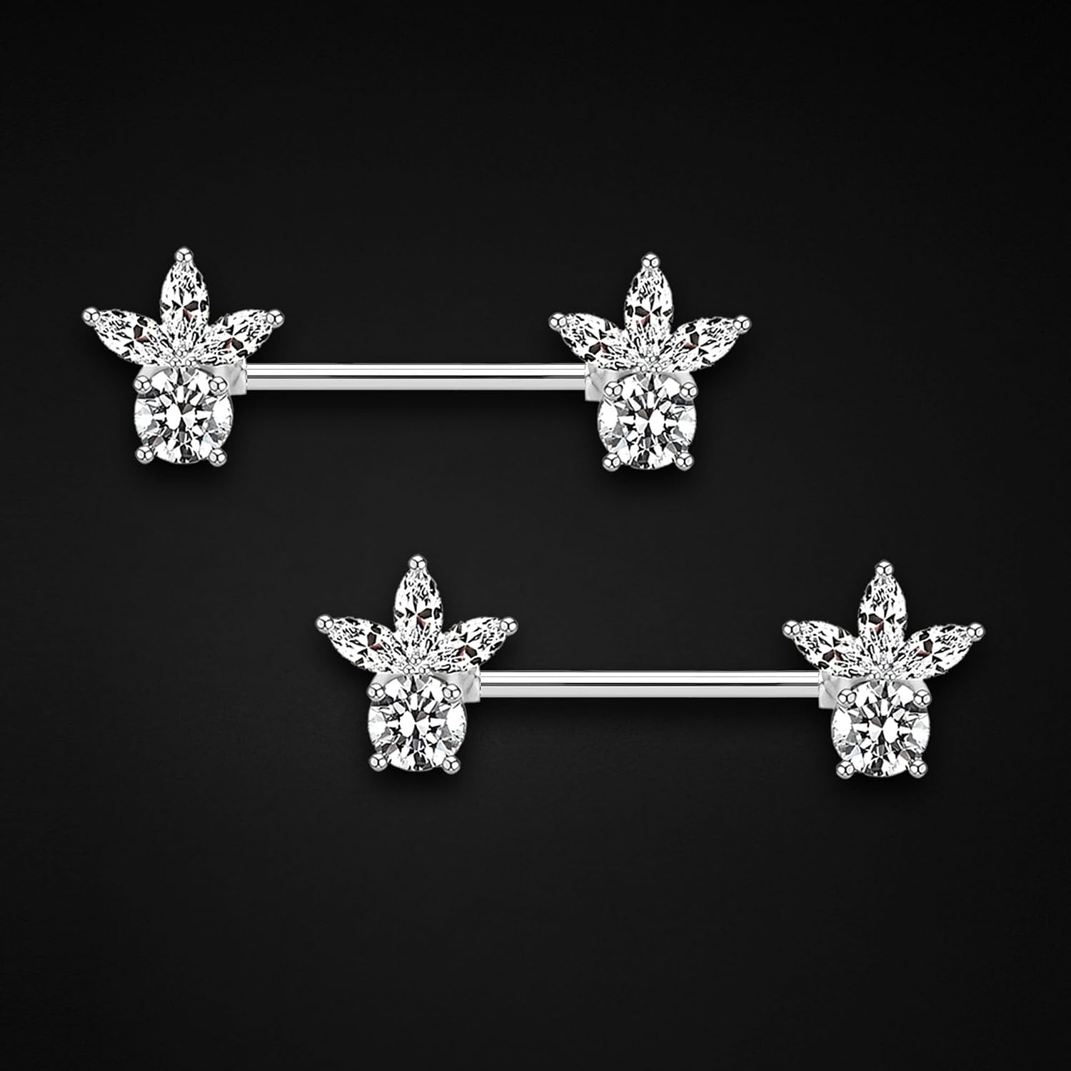 Surgical Steel Nipple Jewelry with Crystal Flower, Barbell BDSM Erotic Decor Breast Piercing Piercing