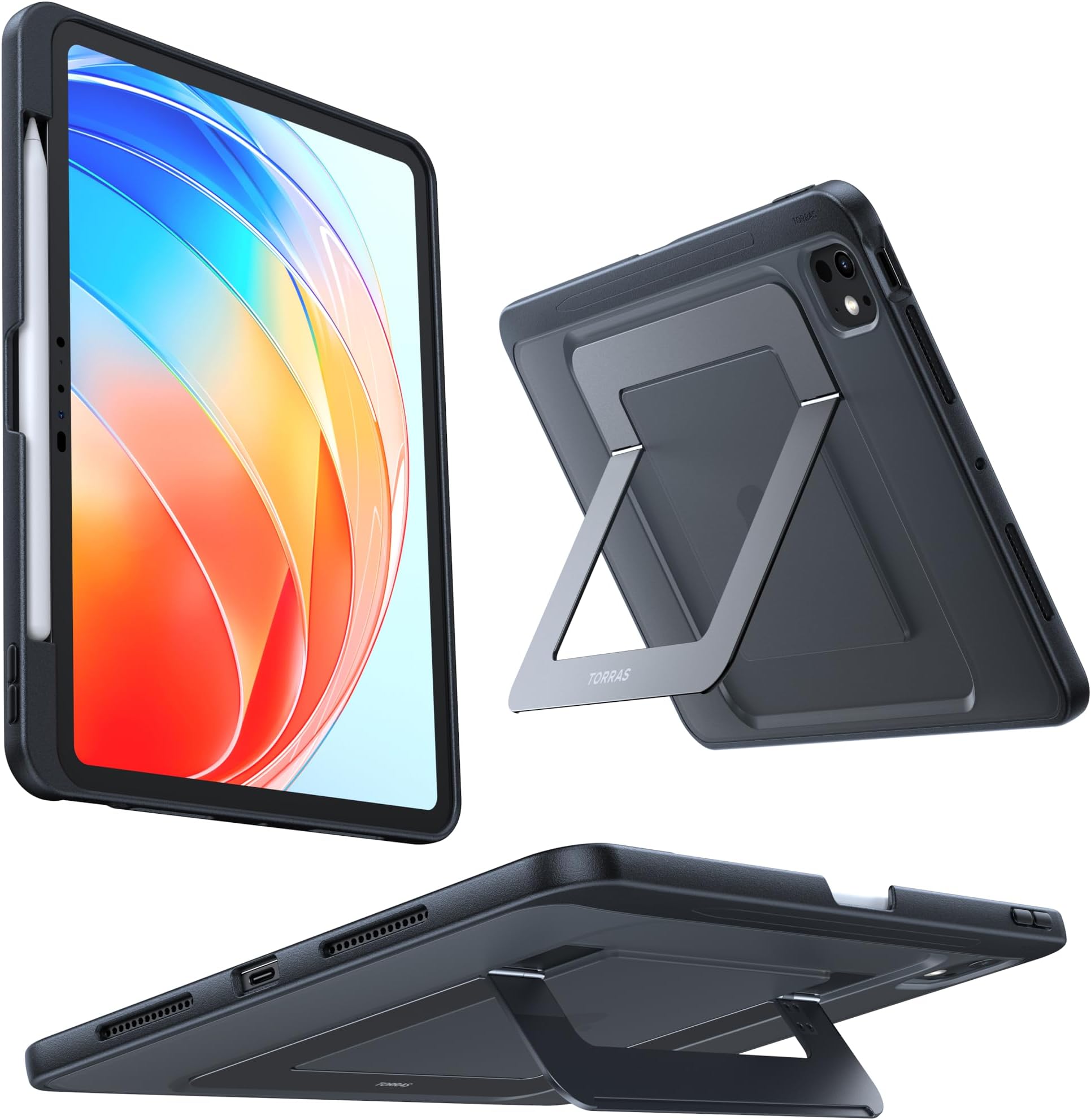 TORRAS Ostand for iPad Pro 11 inch Case 2024 (M4, 5th Gen) with Sturdy Kickstand, Slim Bend-Proof, Invisible Adjustable Portrait/Landscape Stand, Any-Angle Viewing, Supports Pencil Pro/USB-C, Black