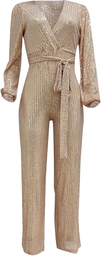 Generisch Casual jumpsuit met lange mouwen en riem en pailletten, goud, M