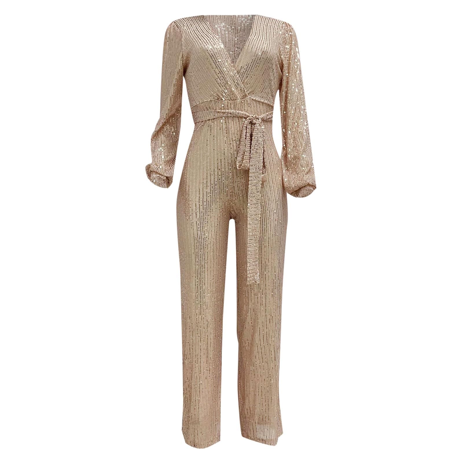 Traje de pantalón para mujer, mono brillante, elegante, manga larga, cuello en V, con cinturón, falda ancha, body de manga larga, disfraz de carnaval para mujer