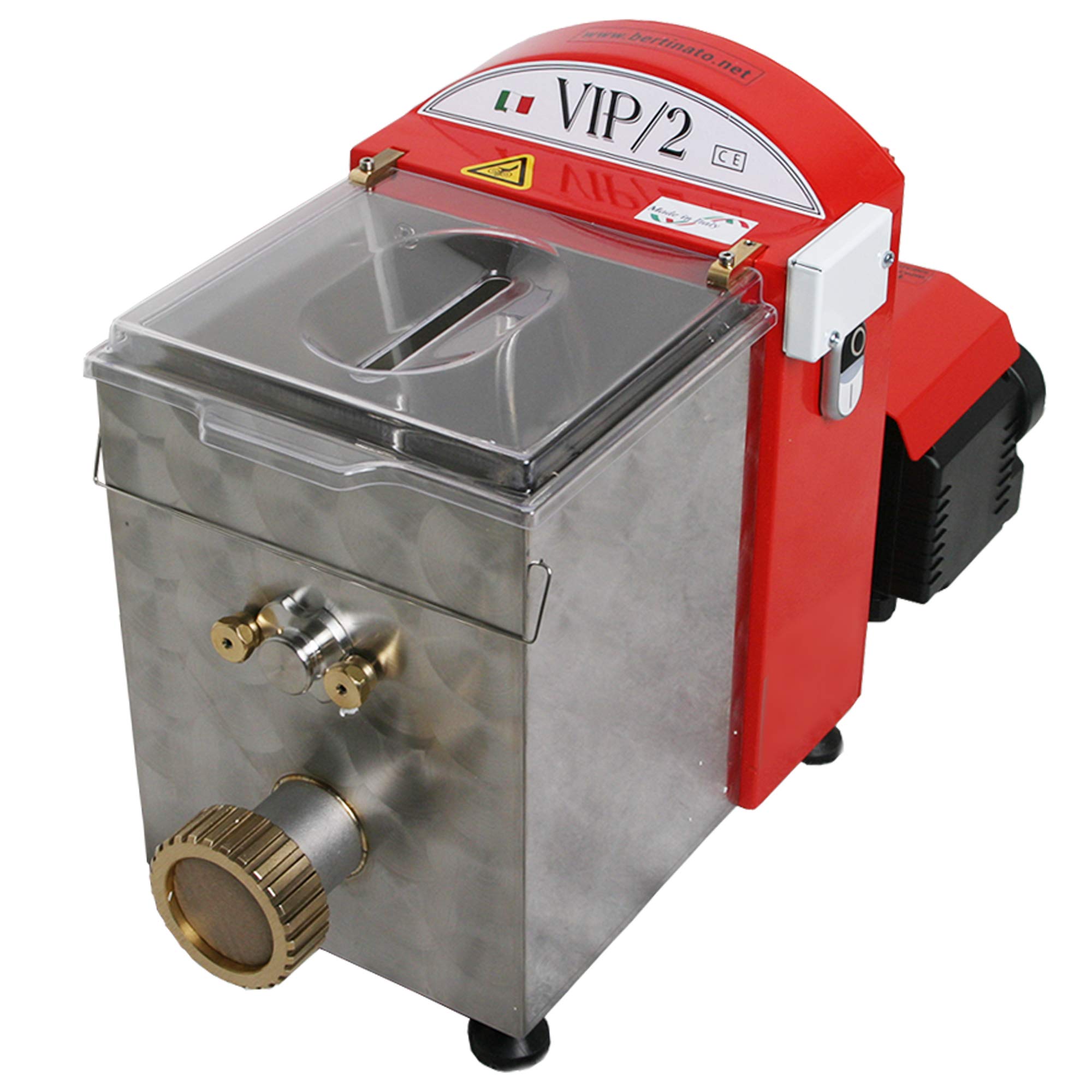 VIP/2 Macchina per la Pasta Fresca professionale elettrica, in acciaio inox, con 4 trafile in bronzo incluse, capacità vasca 2,8kg e produzione max oraria pasta di 8kg (Rosso)