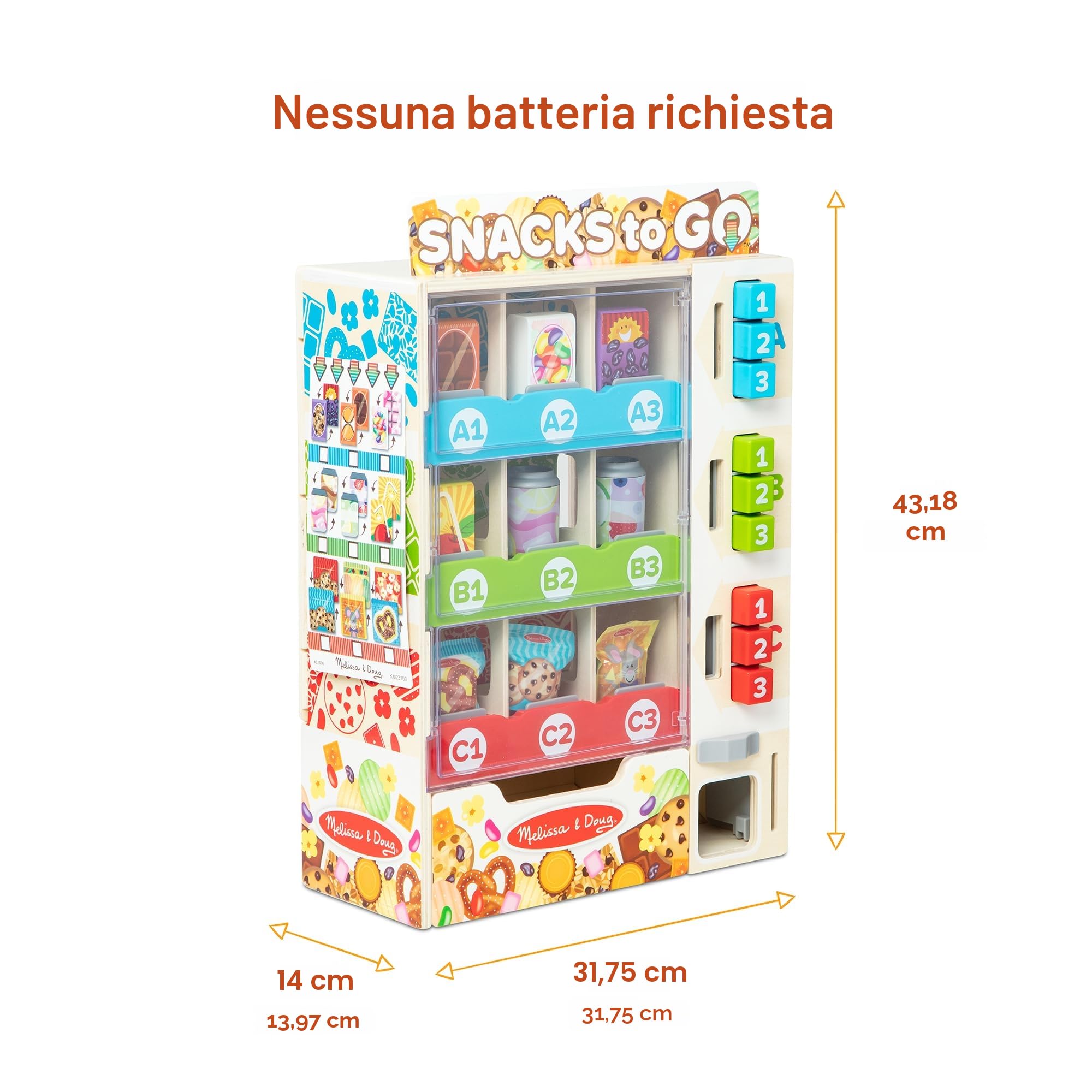 Melissa & Doug Set Il Distributore Automatico delle Merende in Legno - Macchina con Snack Finti, Monete e Tessere, Gioco Educativo di Imitazione, Idea Regalo Creativa per Bambini e Bambine, 3+