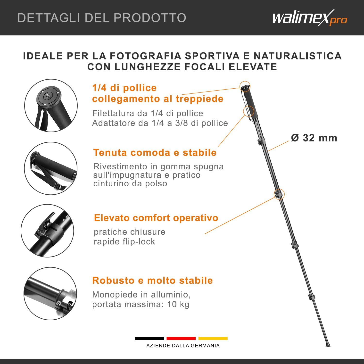 Walimex monopiede in alluminio FT-1502 (altezza massima 177 cm, incl. tracolla e borsa per il trasporto)
