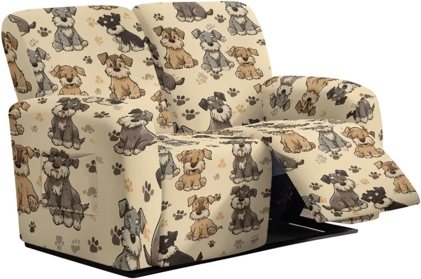 Schnauzer Dog Paw Print Loveseat Recliner Covers for 2 Seat Sofa, Soft Reclining Love Seat Slipcover, 6-Piece Stretch Reclining Sofa Covers