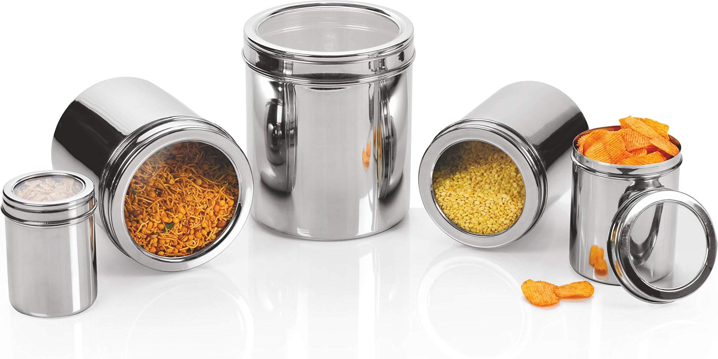 Aristo Stainless Steel Aristo_002 Stainless Steel Canisters With See Through Lid - 500ml, 850ml, 1080ml, 1450ml And 1875ml, 5 Pieces, Silver