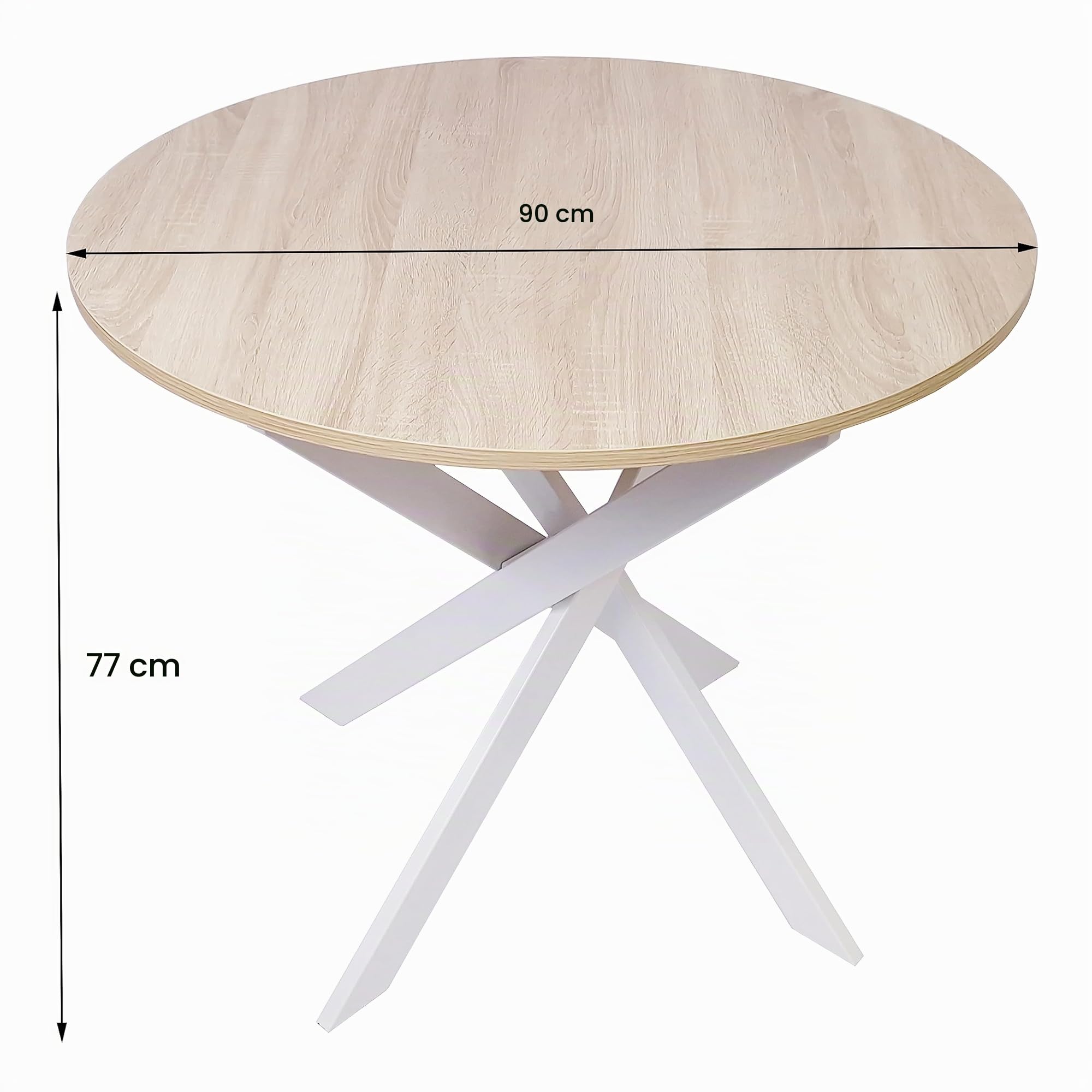Skraut Home | Table à Manger Ronde Fixe | Modèle Zen | 90 x 90 x 77 cm | Capacité jusqu'à 4 Personnes | Matériaux résistants (Chêne + Pieds Blancs, 90cm)