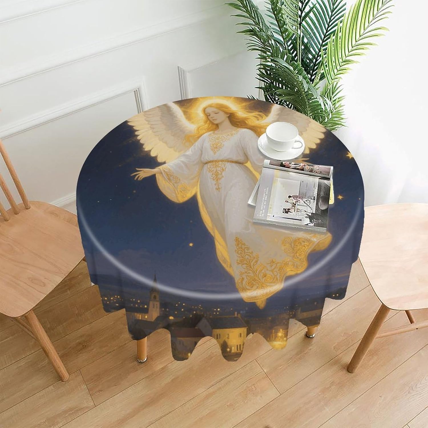 Round Guardian Angel Tablecloth 60 Inch Washable Print Table Cover for Kitchen Dining Table Holiday Circle Decorative Table Cloth for Birthday Party Indoor Outdoor
