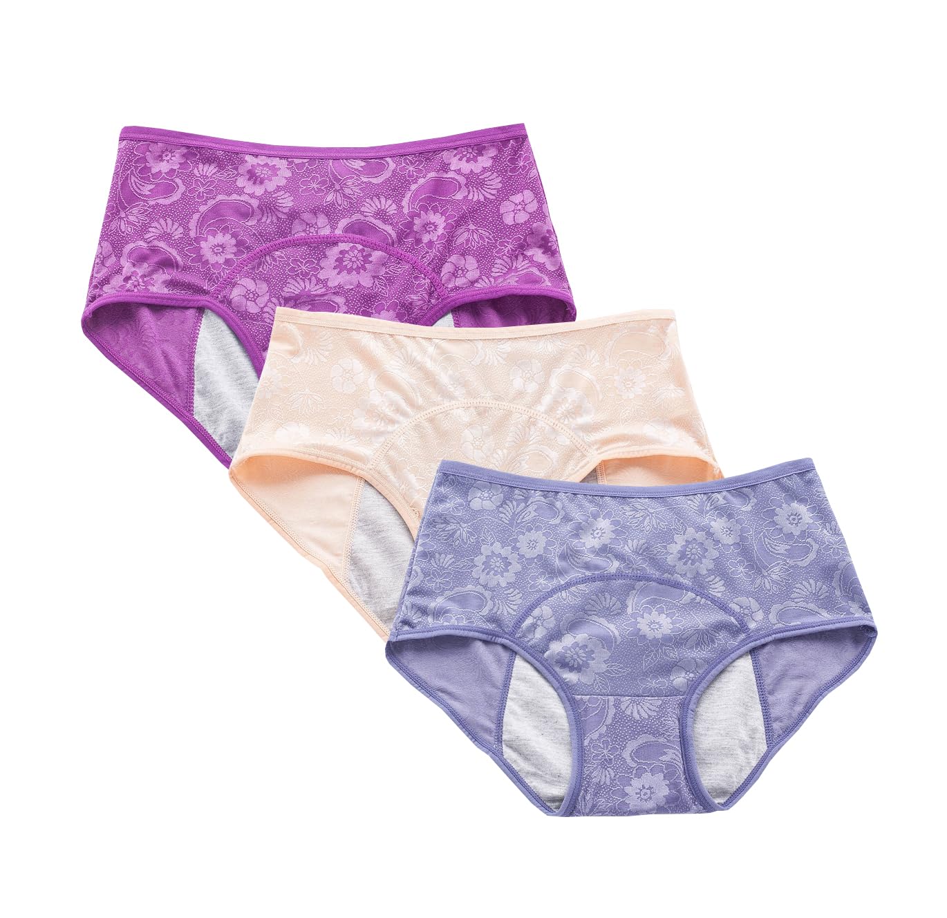 YOYI FASHION Women Menstrual Period Briefs Jacquard Easy Clean Panties 3 Pack Size 14, Blue, Nude, Violet