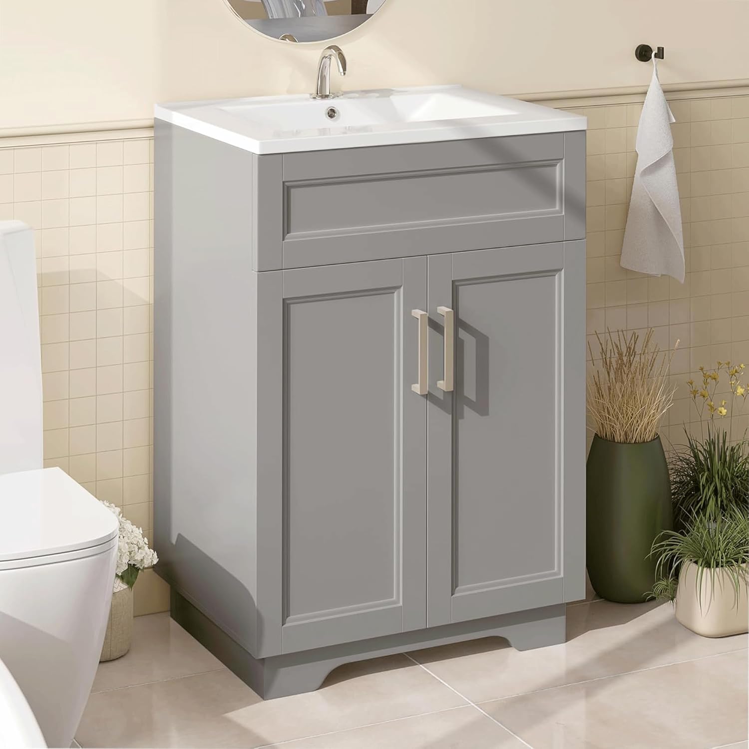 Bathroom Vanity with Ceramic Sink, Quickly Assemble 24" Free Standing Bathroom Sink Cabinet with Wooden Frame, Grey