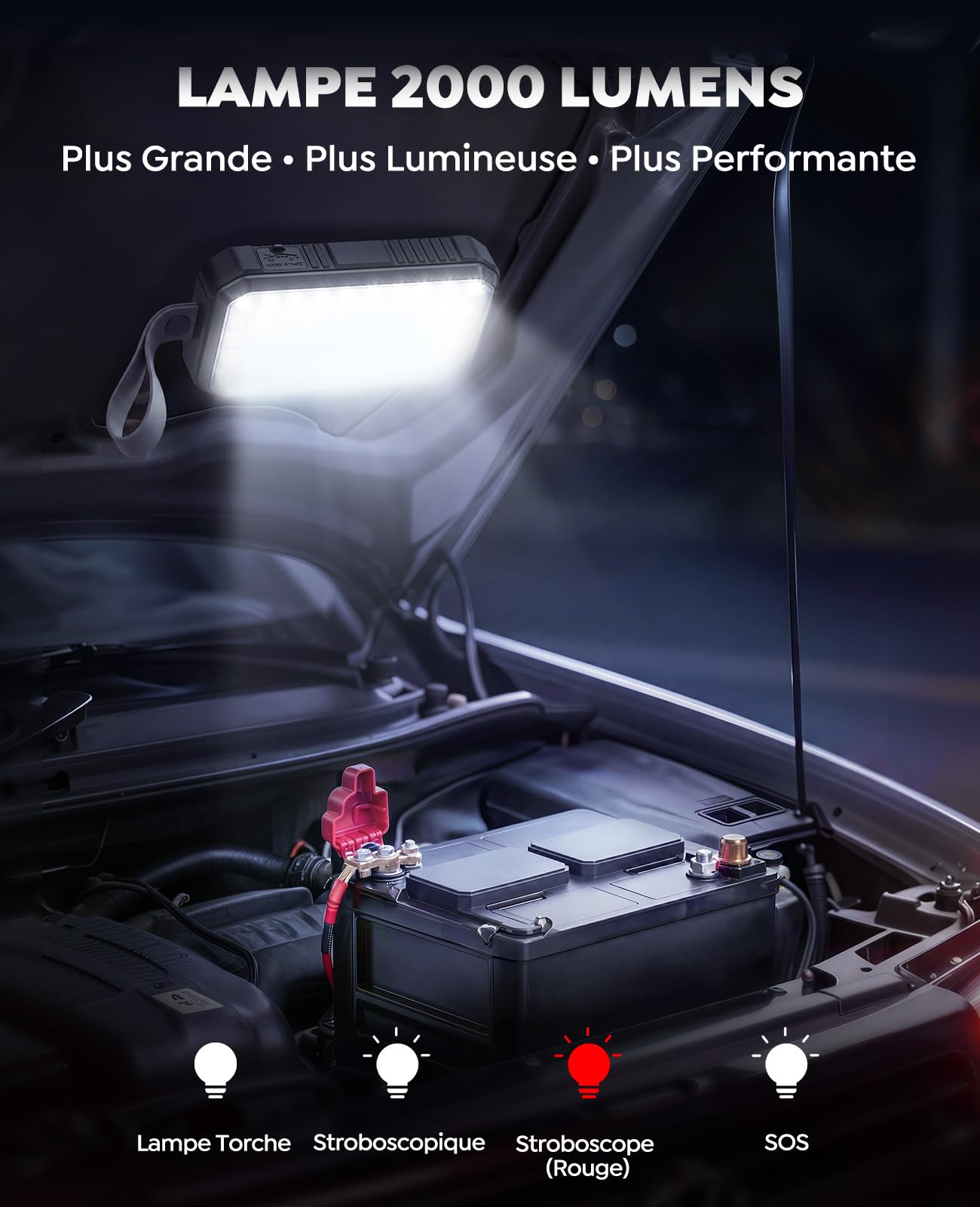 Booster Batterie Voiture 8000A, Démarreur 12V Essence 9,0L Diesel 6,5L | Démarrage Forcé Portable, Lampe LED 2000 Lumens, Base Magnétique, Batterie Externe, Poignée, pour Voyage, Camping, Urgence