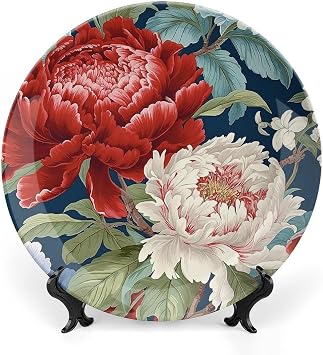 Chinoiserie Red Peony Floral Plates Ceramic for Display Asian Scenic Chic Chinoiserie Household Office Supplies Wedding Home Holiday Party Decorations Customize Gifts for Men Women Halloween