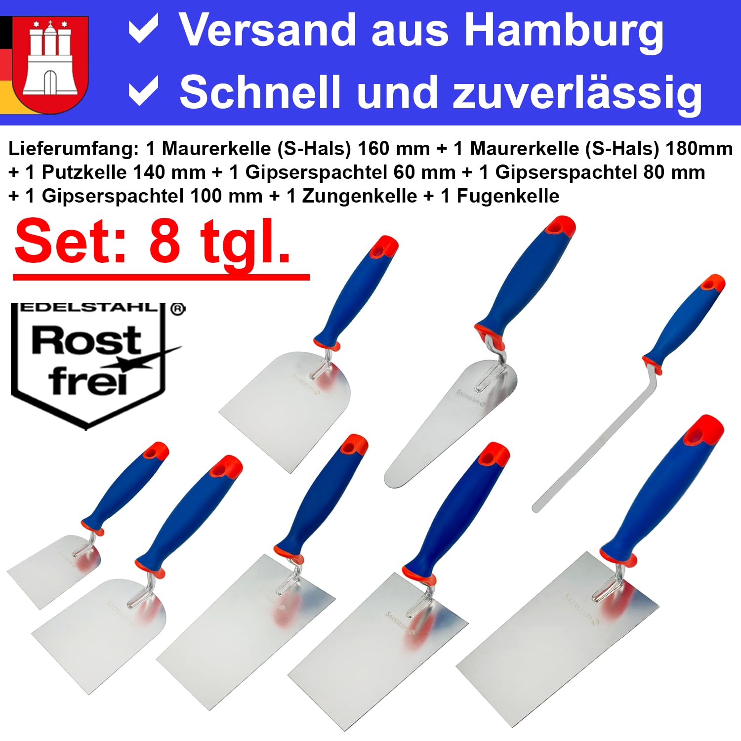 Kellen Set 8-tlg: Maurerkelle S-Hals (160mm und 180mm) + Gipserspachtel (60mm + 80mm + 100mm) + Putzkelle + Zungenkelle + Fugenkelle, Rostfreiem Edelstahl Kellen Gipserkellen Maurerwerkzeuge
